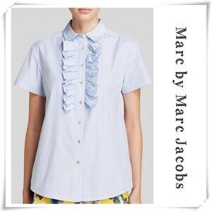 MARC by Marc Jacobs Candy Stripe Ruffle Front Short Sleeve Button Up Shirt Sz S